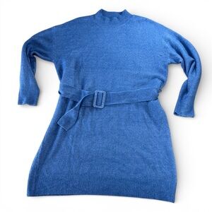 Stitchdrop XS Blue Belted Sweater Dress Mock Neck Knit